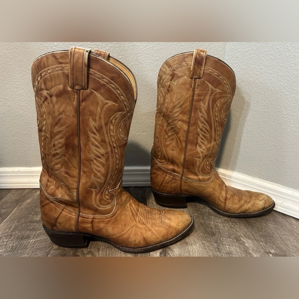 Vintage Tony Lama Cowboy Boots Men’s Sz 8 Cognac Stitched Black Label